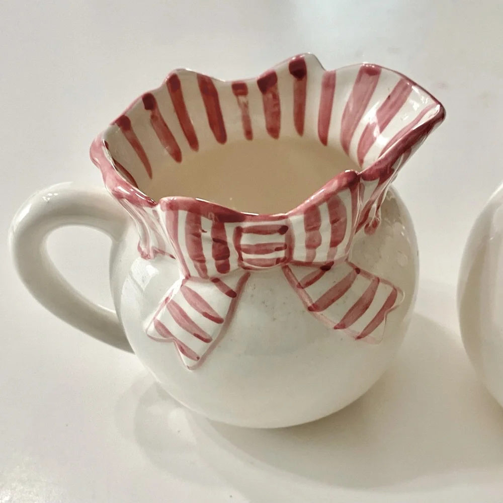 Vintage Ceramic Pink Stripe White Halden Matching Creamer Sugar Tea Party Set - Picture 2 of 9